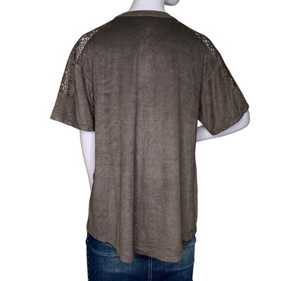 Umgee Fringe Top Short Sleeve Gray Pullover Tie on Neck Size S - Picture 5 of 9